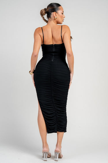 PRIVY - Mesh Ruched Midi Dress with Side Slit - PD6771V-SaltTree