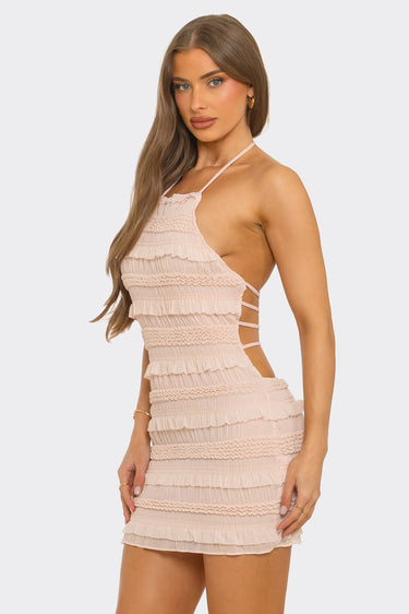 Blanc Clothing - Textured Ruffle Halter Mini Dress - D10800-SaltTree