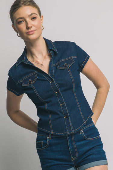 Love Tree - Short Sleeve Button Up Denim Top - 10436TN-SaltTree