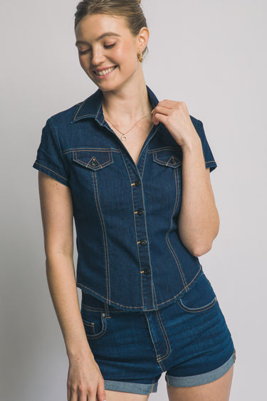 Love Tree - Short Sleeve Button Up Denim Top - 10436TN-SaltTree