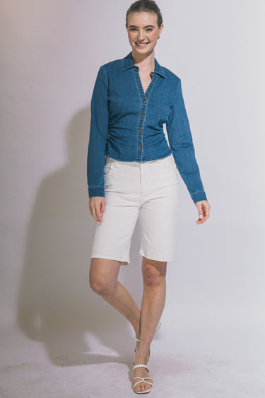 Love Tree - Cinched V-Neck Denim Shirt - 10474TN-SaltTree