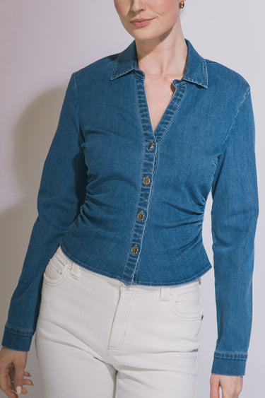 Love Tree - Cinched V-Neck Denim Shirt - 10474TN-SaltTree