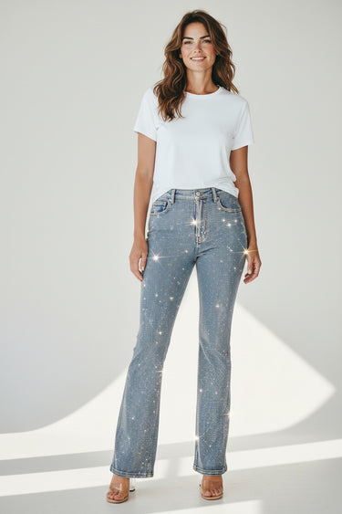 Daisy - Rhinestone High-Waisted Flare Jeans (32" Inseam) - DP2508049CC-SaltTree