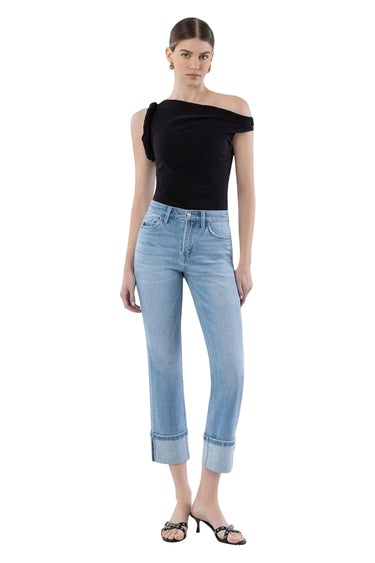 SaltTree Flying Monkey medium light wash high rise slim straight crop jeans with a 4" single cuff hem and comfort stretch denim.