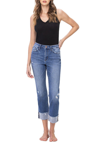 Flying Monkey - Flying Monkey High Rise Cropped Straight Leg Jeans with Frayed Cuffed Hem (26.5" Inseam) - F5145-SaltTree