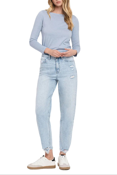 Flying Monkey - Super High Rise Barrel Leg Jeans with Distressed Hem (27.5" Inseam) - F5677-SaltTree