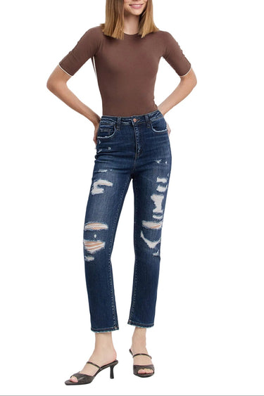 Flying Monkey - Super High Rise Distressed Straight Cropped Jeans (28" Inseam) - F4369-SaltTree