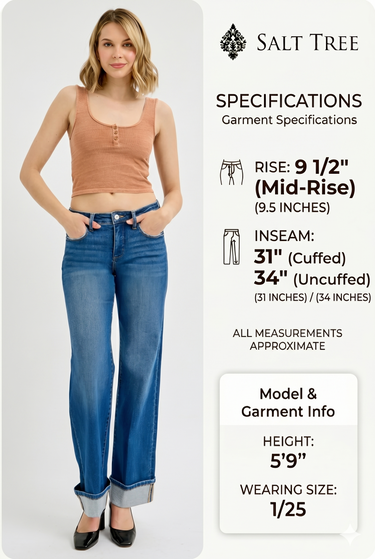 Risen Jeans - Tummy Control Mid Rise Wide Cuffed Jeans in Vintage Indigo (31" Cuffed Inseam) - PW21181