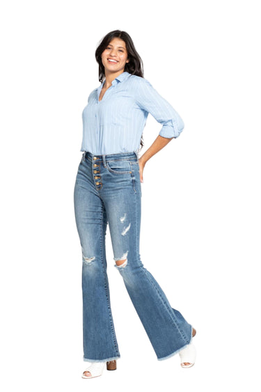 Judy Blue - Mid-Rise Button Fly Ripped Flare Jeans (33.5" Extra Long Inseam) - 82638-SaltTree