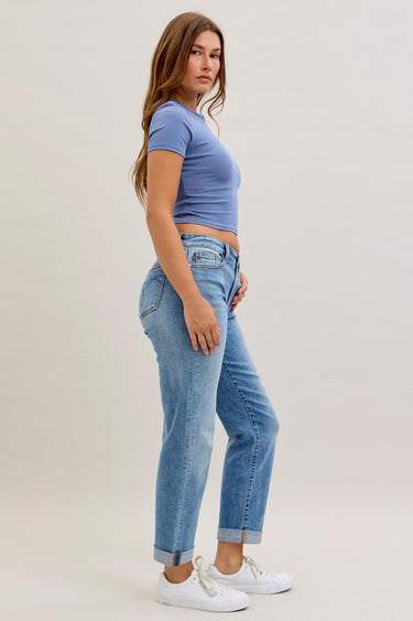 Judy Blue - Mid-Rise Cuffed Boyfriend Jeans Embroidery Free Edition (28" Inseam)- 82703-SaltTree