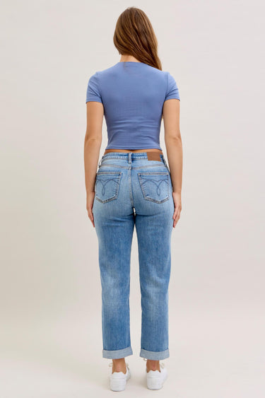 Judy Blue - Mid-Rise Cuffed Boyfriend Jeans Embroidery Free Edition (28" Inseam)- 82703-SaltTree