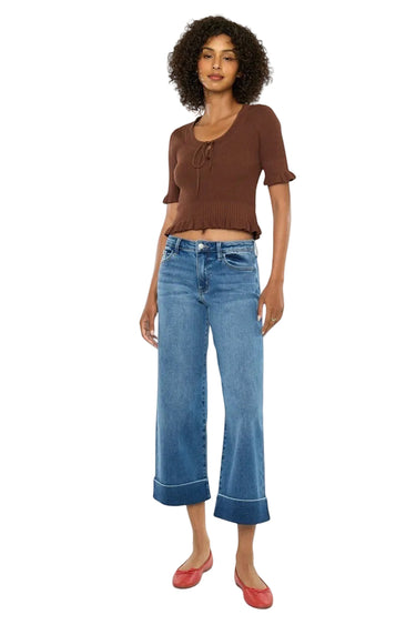 SaltTree Kancan mid-rise dark wash cropped wide leg jeans with a 2.5" cuff, made from cotton blend.