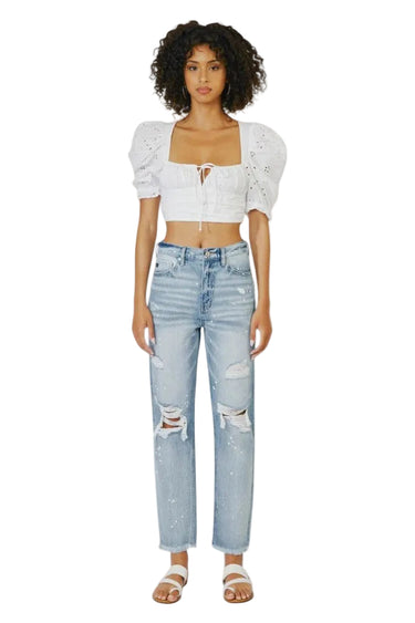 Kancan - Oceane High-Rise Slim Straight Jeans with Paint Splatter and Frayed Hem (28" Inseam) - KC8708M ST-SaltTree