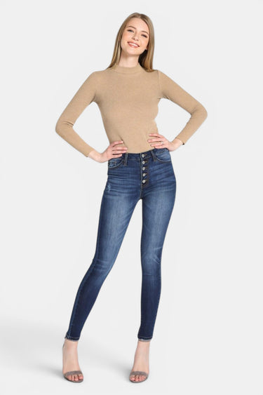 Kancan - Women's High Rise Button Fly Distressed Super Skinny Jeans - kc7113 ST-SaltTree