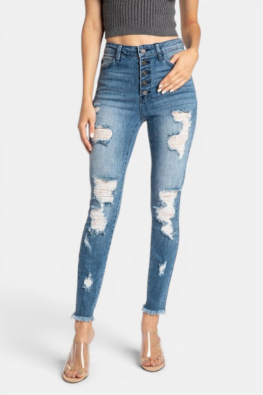 Kancan - Women's High Rise Button Fly Distressed Super Skinny Jeans - kc7310 ST-SaltTree