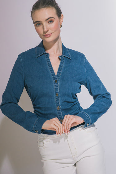 Love Tree - Cinched V-Neck Denim Shirt - 10474TN-SaltTree