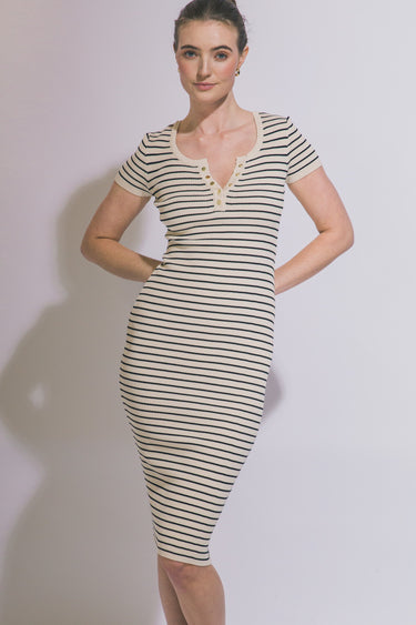 Love Tree - V-Neck Stripe Ribbed Knit Dress - 90382DN-SaltTree