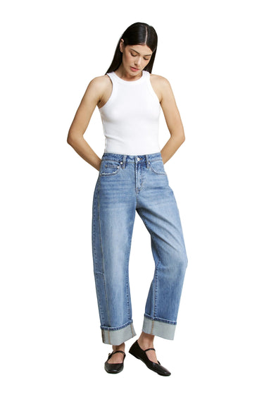 Mica Denim - High Rise Barrel-Leg Cuffed Hem Jeans (26"-29.5" Inseam) - MDP-W3525LT-SaltTree