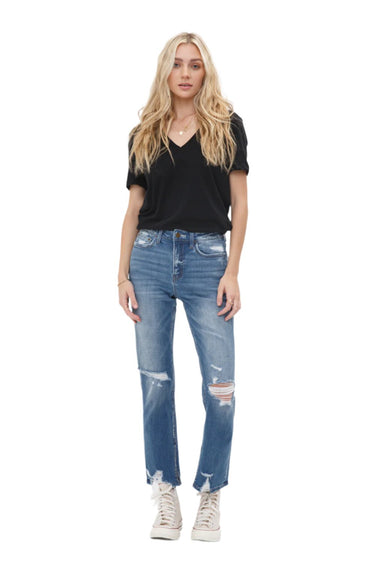 Mica Denim - High Rise Distressed Straight Jeans (28" Inseam) - MDP-T248-SaltTree