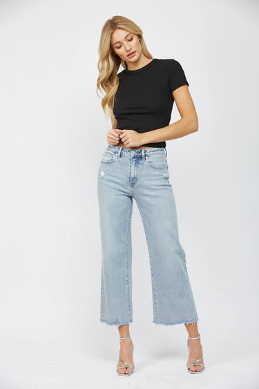 Mica Denim - High Rise Raw Hem Ankle Wide Leg Jeans (27" Inseam) - MDP-W3034LT-SaltTree