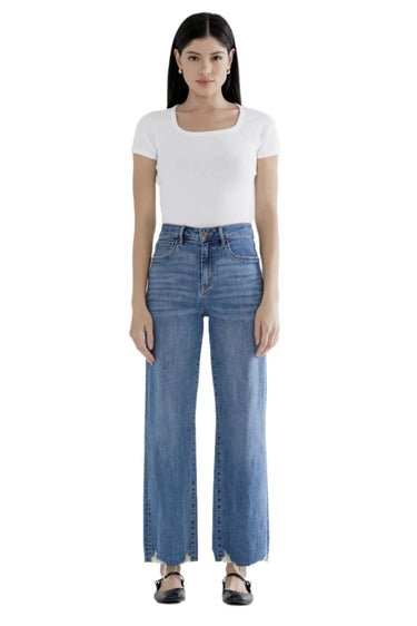 Mica Denim - High Rise Wide Leg Jeans with Distressed Hem (28" Inseam) - MDP-W3218-SaltTree