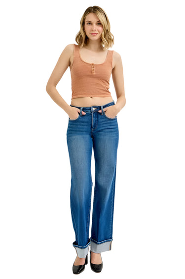 Risen Jeans - Tummy Control Mid Rise Wide Cuffed Jeans in Vintage Indigo (31" Cuffed Inseam) - PW21181-SaltTree