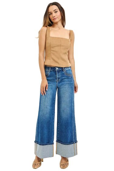 Risen Jeans - Mid Rise Wide Leg Cuffed Jeans (29.5" Inseam) - PWA21444-SaltTree