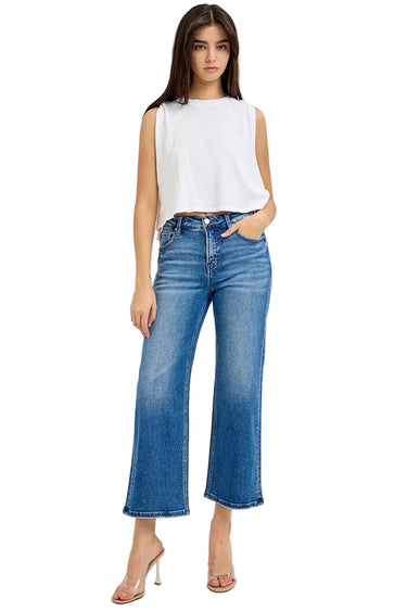 Risen Jeans - Tummy Control Mid Rise Crop Wide Leg Jeans (26.5" Inseam) - RDP5926-SaltTree
