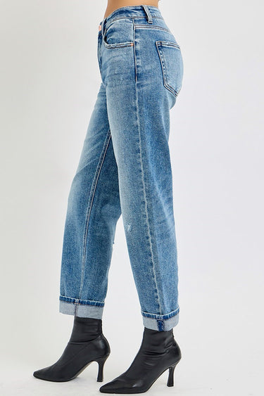 Risen Jeans - High Rise Ankle Boyfriend Distressed Jeans in Medium Indigo (27.5" Inseam) - PGA21013-SaltTree