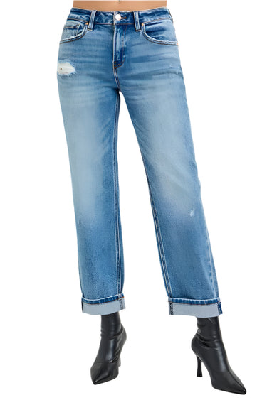 Risen Jeans - High Rise Ankle Boyfriend Distressed Jeans in Medium Indigo (27.5" Inseam) - PGA21013-SaltTree