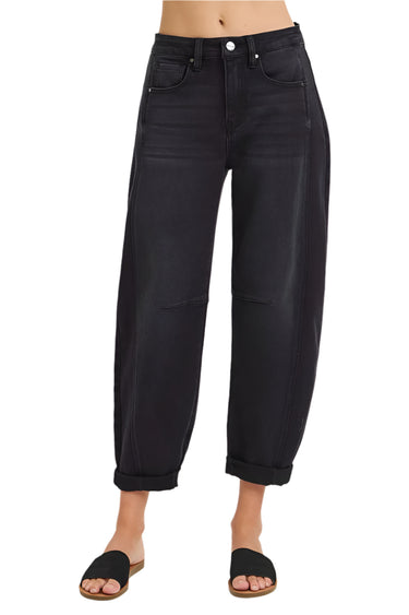 Risen Jeans - High Rise Boyfriend Cuffed Barrel Jeans in Washed Black (25.5" Inseam)- RDP5901B-SaltTree
