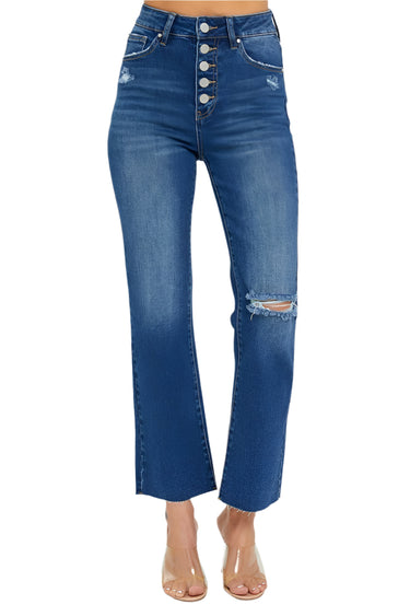 Risen Jeans - High Rise Crop Straight Button Down Distressed Jeans (27" Inseam) - RDP5585sz-SaltTree