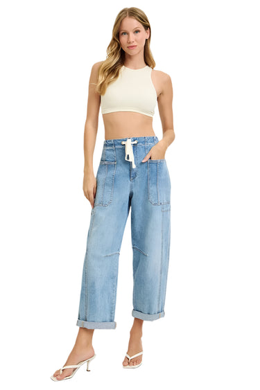 Risen Jeans - High Rise Crop Wide Barrel Cargo Pocket Pants (25" - 27.5" Inseam) - PG21142L-SaltTree