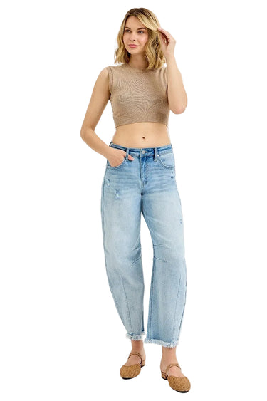 Risen Jeans - High Rise Slouchy Crop Barrel Distressed Jeans (27" Inseam) - PGC21183-SaltTree