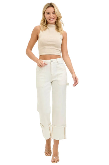 Risen Jeans - High Rise Straight Turn Up Cuffed Pants (27" Inseam) - PW21412-SaltTree