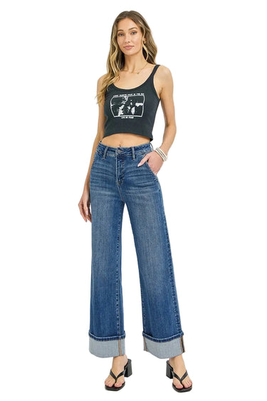 Risen Jeans - High Rise Tummy Control Wide Cuffed Jeans (28" Inseam) - RDP5974-SaltTree