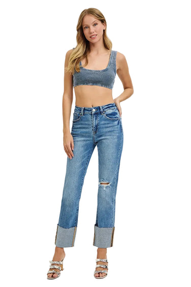 Risen Jeans - High Rise Wide Cuffed Straight Leg Jeans - (28" Inseam) - RDP5484-SaltTree