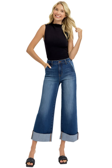 Risen Jeans - High-Rise Wide Leg Jeans with Tummy Control and Adjustable Cuffed Hem (25" Cuffed Inseam) - RDP5574HD-SaltTree
