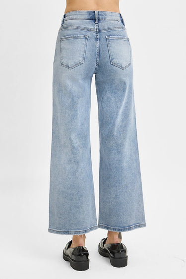 Risen Jeans - Tummy Control Elastic Band High Rise Crop Wide Jeans (27" Inseam) - RDP5909-SaltTree