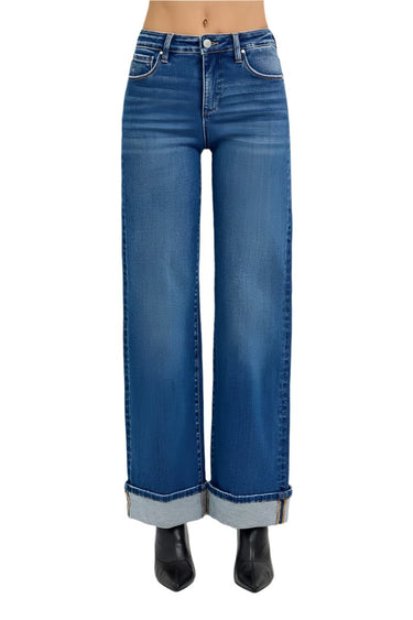 Risen Jeans - Tummy Control High Rise Cuffed Wide Jeans (31" Cuffed Inseam) - PW21046-SaltTree