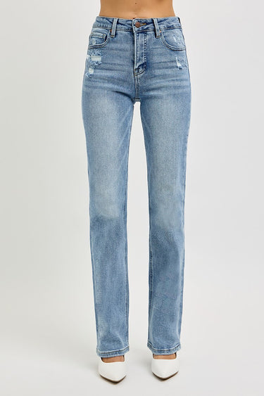 Risen Jeans - Tummy Control High Rise Straight Distressed Jeans (32.5" Inseam) - RDP5956-SaltTree