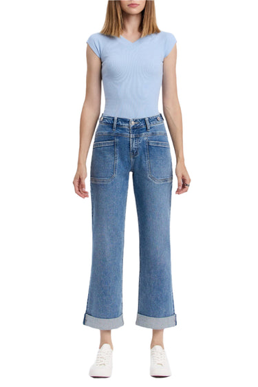 Vervet Denim - High Rise Tab Waistband Cuffed Slim Wide Jeans (32" Inseam)- T6700 - Final Sale-SaltTree