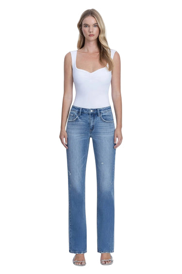SaltTree Vervet mid-rise straight leg jeans in medium wash denim with light distressing and a 32" inseam. Model is 5'10" wearing size 3/26.