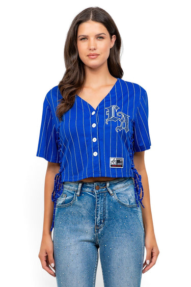 SaltTree American Bazi royal blue pinstripe cropped baseball jersey with rhinestone LA patch and side tie detail