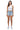 SaltTree American Bazi medium blue wash denim shorts with rhinestone star patterns worn by a model in a white tank top