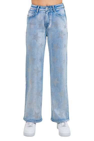 SaltTree American Bazi light blue wide leg jeans featuring scattered star-shaped rhinestone embellishments