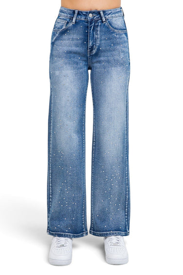 SaltTree American Bazi medium blue wash wide leg jeans featuring scattered rhinestone trim and button waist closure
