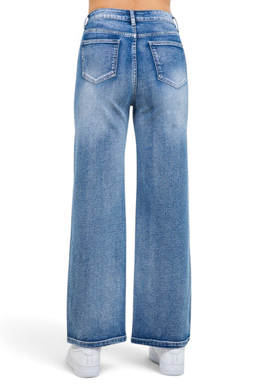 SaltTree American Bazi medium blue wash wide leg jeans with back pockets, shown from behind on a model in sneakers.