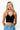 SaltTree model wearing a black ANWND ribbed crop cami with delicate lace-trim neckline and adjustable straps