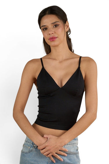 SaltTree ANWND black ribbed cropped camisole with a low V-neckline and adjustable spaghetti straps on a model.